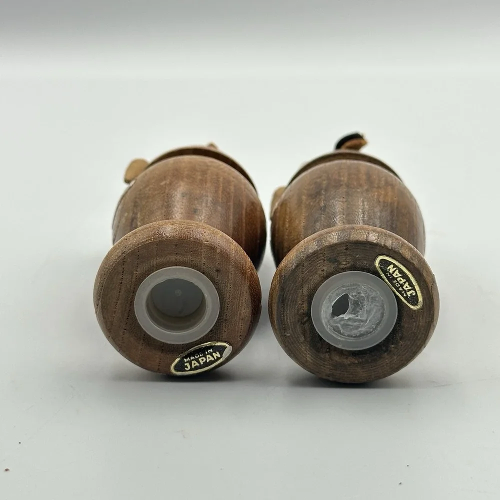 Vtg Wooden Owl Salt And Pepper‎ Shakers MCM Leather Ears Googly eyes Japan